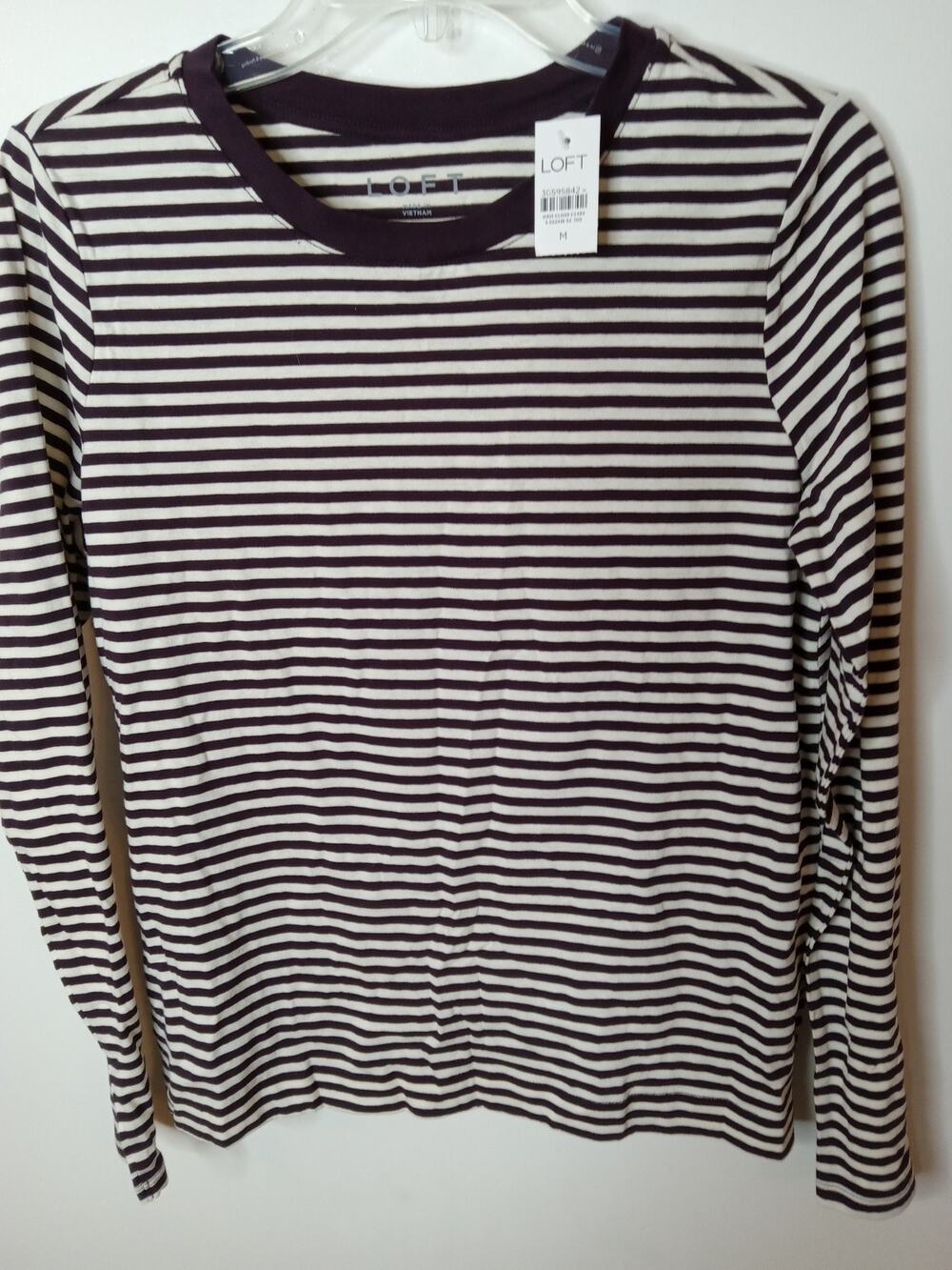 NWT LOFT Striped Long Sleeve Tee T Shirt Size Medium Purple Crew Neck